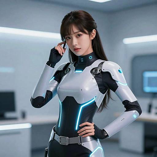 Photorealistic CGI of an East Asian woman in a sleek, futuristic white and black bodysuit with blue glowing lines, standing in a modern,