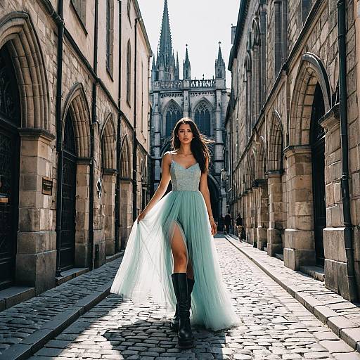 Woman in Pastel Gown Walking in European Alley