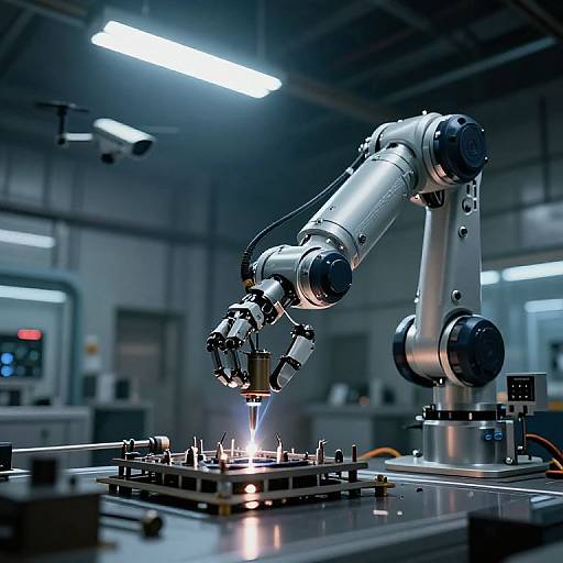 Photograph of a futuristic robotic arm welding in a dimly lit, industrial workshop with fluorescent lights, showcasing precision and modern technology.