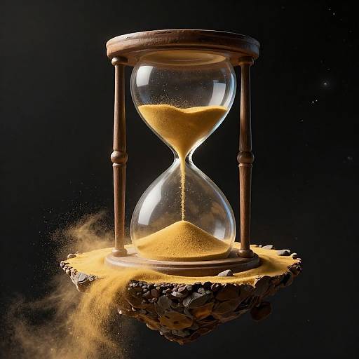 Photograph of a glowing wooden hourglass with golden sand, floating on a textured rock against a black background.
