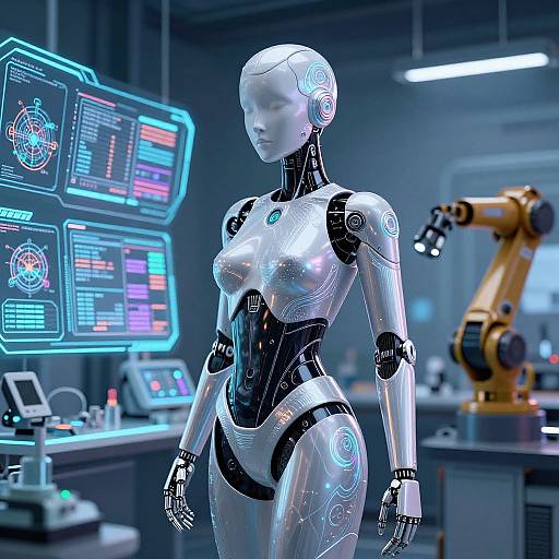 CGI image of a sleek, white female humanoid robot with blue accents, standing in a futuristic lab with glowing blue screens and a yellow robotic arm in