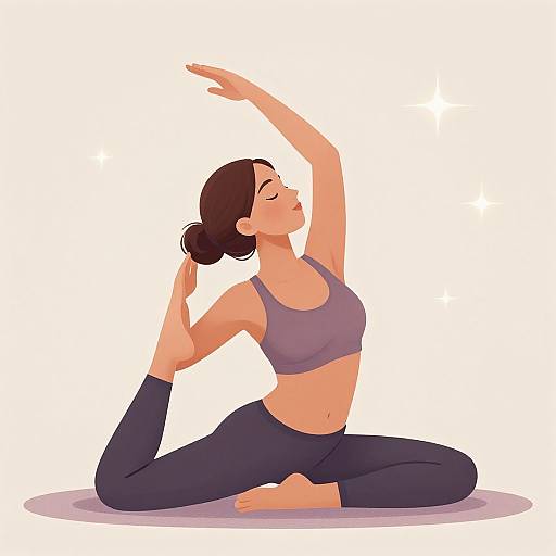 Digital illustration of a brown-haired woman in a gray sports bra and black leggings, gracefully performing a yoga pose with arms and legs in a kneeling position on