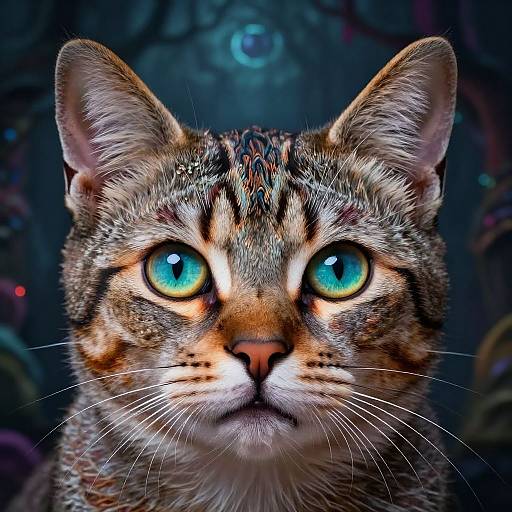 Close-up photograph of a tabby cat with striking blue-green eyes, detailed fur texture, and a focused expression against a dark, blurred background.