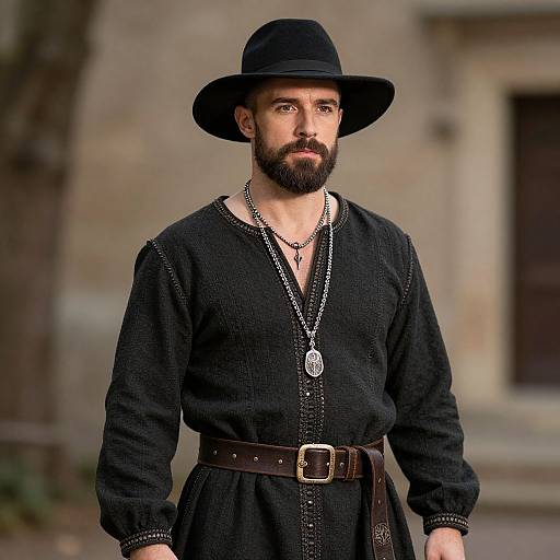 Photograph of a bearded man with fair skin, wearing a black medieval-style hat, long black tunic, and belt, with a silver pendant