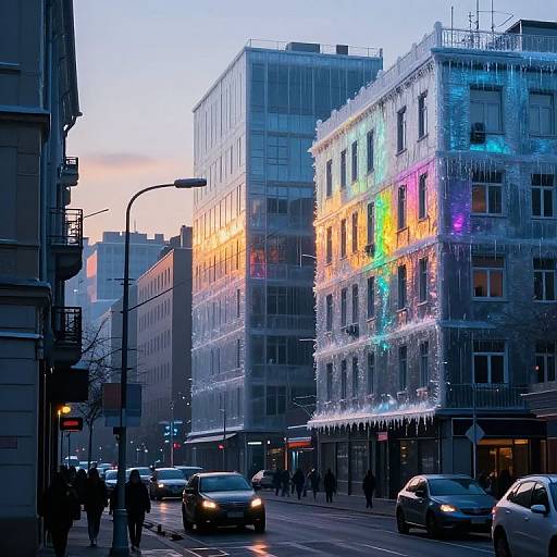 Photograph of a city street at dusk, featuring a building adorned with colorful holiday lights, cars, and pedestrians, with a sunset sky in the background