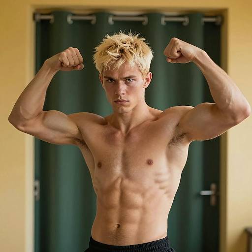 Muscular Blonde Man Flexing in Doorway