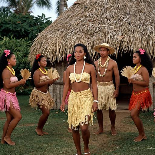 Photograph of four Polynesian women in grass skirts, straw tops, and beaded necklaces, holding palm fans, in front of a that