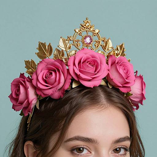 Photograph of a woman with dark brown hair wearing a gold crown adorned with pink roses and green leaves, against a light blue background.