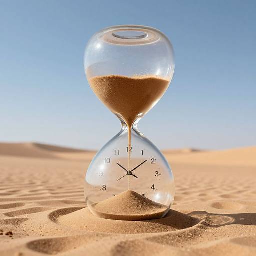 Photograph of a glass hourglass with sand, standing on a sunny desert with clear blue sky and sandy dunes.