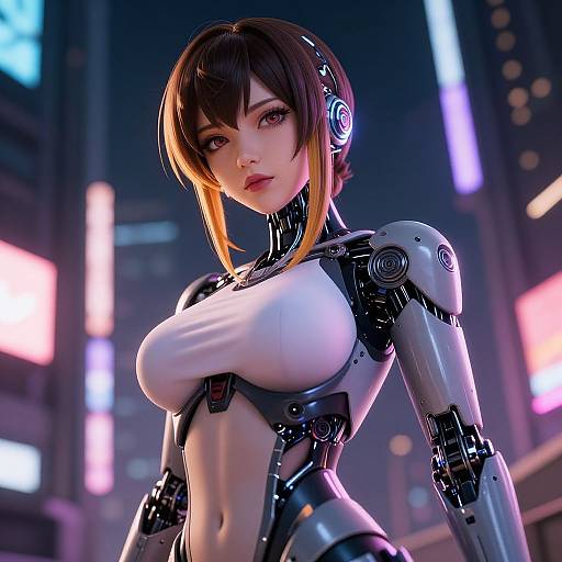 CGI cyberpunk art of a sexy, robotic woman with short brown hair, large breasts, and glowing neon lights in a futuristic cityscape.
