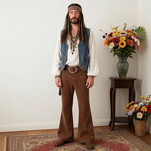 Photograph of a bearded man with long dreadlocks, wearing a white shirt, denim vest, brown pants, and headband, standing in a