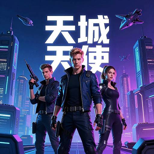 Photograph-style CGI: Action movie poster with three agents in black leather gear, neon cityscape, hovering jets, holding guns, bold Japanese text.