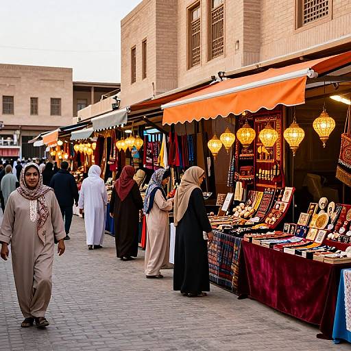 Photograph of a bustling Middle Eastern market at dusk, featuring people in traditional clothing, vibrant stalls with colorful textiles, and hanging lanterns under orange aw