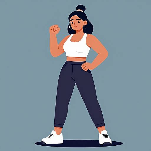Digital illustration of a confident woman with dark hair in a bun, wearing a white sports bra, dark pants, and white sneakers, standing against a blue