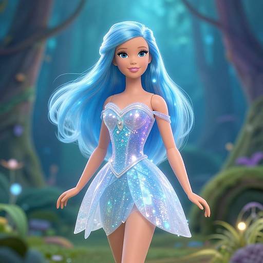 Digital illustration of a blue-haired, fair-skinned princess with sparkling silver dress, standing in a magical, blue-lit forest.