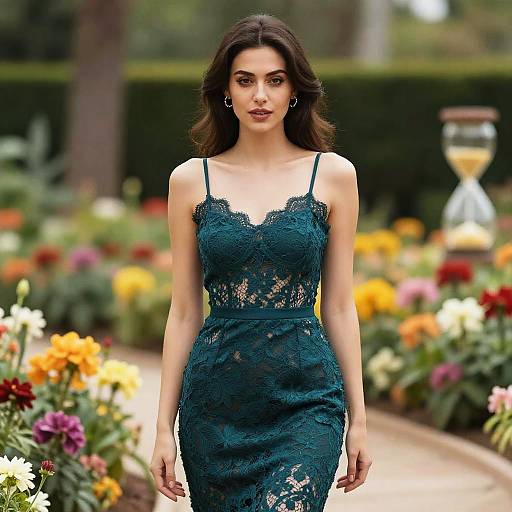 Hourglass Woman in Teal Lace Dress
