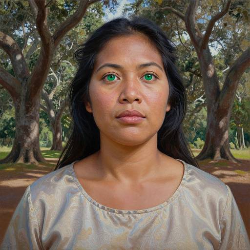 Photograph of a young woman with green eyes, long black hair, and brown skin, wearing a light beige blouse, standing in a sunlit forest