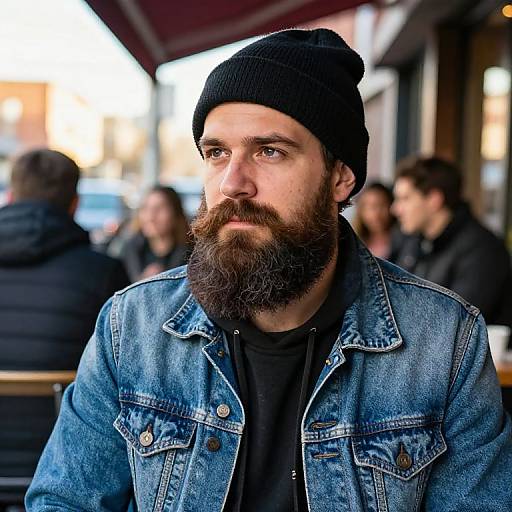 Photograph of a bearded man with a black beanie, blue denim jacket, and black shirt, sitting outdoors among blurred people.