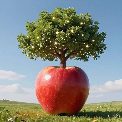 Photograph of a giant red apple with a lush green tree growing from its top, set against a clear blue sky and green field. Sparkling lights