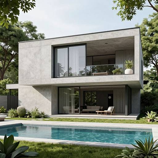 Modern concrete two-story house with large glass windows, balcony, and pool, surrounded by lush greenery. Photograph.