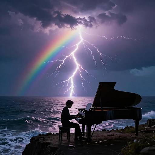 Silhouetted musician playing grand piano on rocky shore, illuminated by vibrant lightning bolts and colorful rainbow, against stormy ocean backdrop.