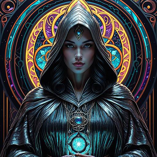 Dark Witch in Silver Robe with Luminescent Amulet