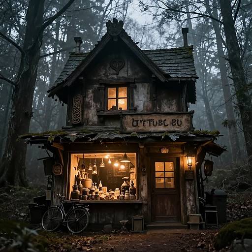 Photograph of a rustic, wooden cottage with warm lights, labeled 