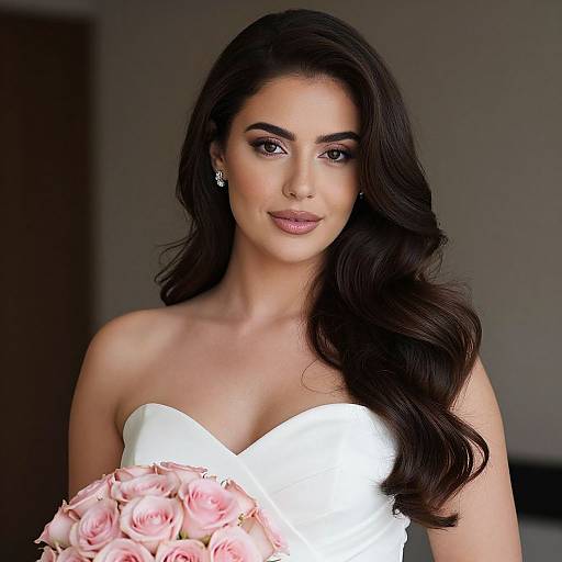 Elegant Bride with Pink Rose Bouquet