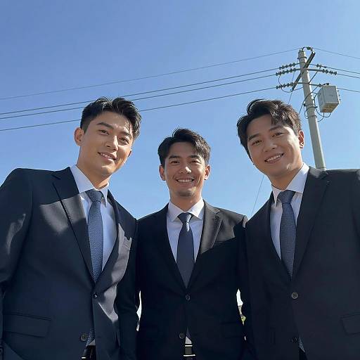 Three Men in Suits Smiling Outdoors