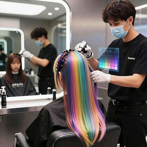 Photograph of a modern hair salon: male stylist with mask, gloves, and black shirt, dyeing female client's long, rainbow-colored hair.