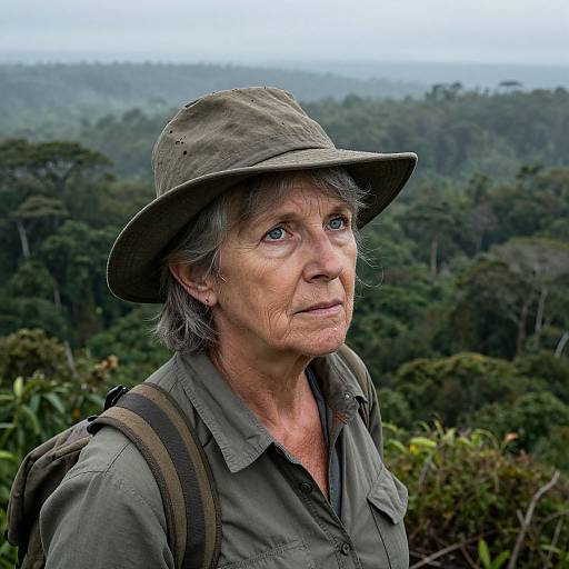 Photograph of an elderly white woman with gray hair, wearing a green hat and shirt, backpack, looking into the distance, set against a lush,