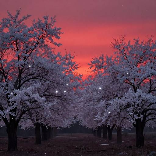 Photograph of a twilight scene with silhouetted, frost-covered trees adorned with glowing string lights, set against a vivid red and pink sky.