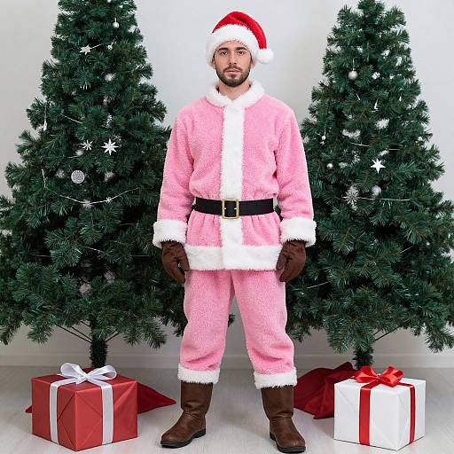 Boy in Pink Santa Costume Outdoors