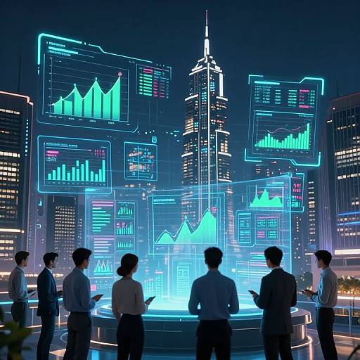 Neon-lit futuristic cityscape with six professionals in business attire, standing in a circular plaza, gazing at holographic graphs and charts floating above