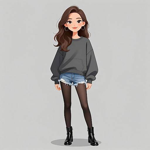 Digital anime-style drawing of a cute young woman with long brown hair, wearing a gray sweatshirt, frayed denim shorts, black tights, and