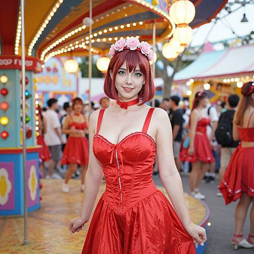 Photograph of a fairground, featuring a fair-skinned woman with red bob haircut, wearing a red floral headband, corset dress, and