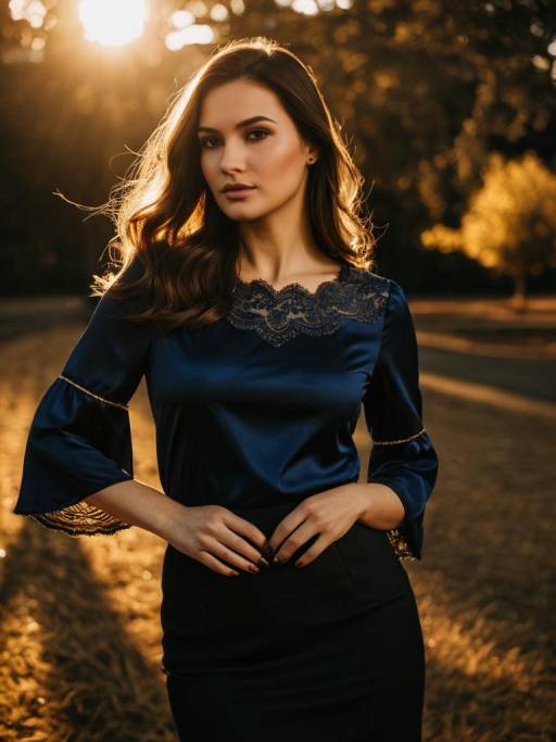 Elegant woman in navy blue blouse and black skirt