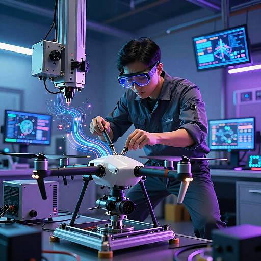 Futuristic Technician Repairing Drone