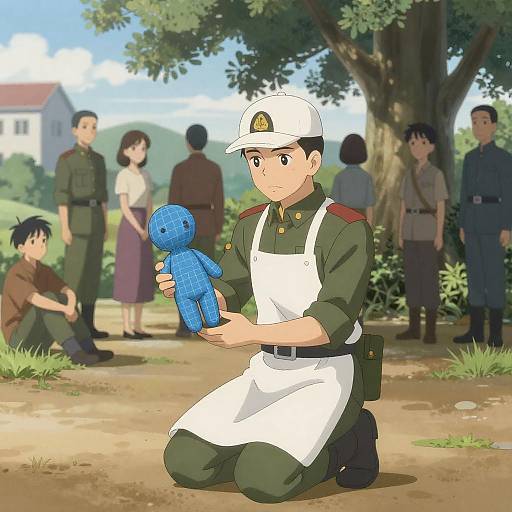 Anime Soldier with Doll in Nature