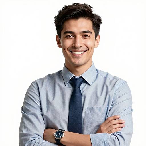 Photograph of a smiling young man with short dark hair, light blue dress shirt, dark tie, and black watch, arms crossed, against a white