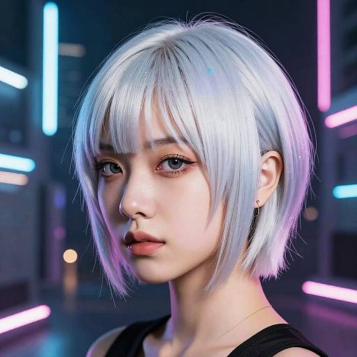 Digital CGI portrait of an androgynous person with short, silver-white hair, neon-lit city background, glowing pink and blue lights, and