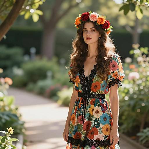 Young Woman in Floral Dress and Flower Crown