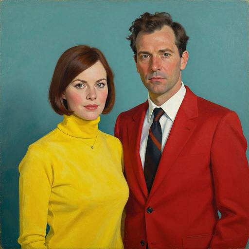 Photorealistic digital painting of a fair-skinned woman with short brown hair in a yellow turtleneck, and a fair-skinned man with dark