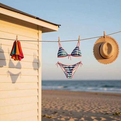 Photograph of beachfront scene: striped bikini and panties, red towel, straw hat on clothesline, white beach hut, sandy shore, ocean.