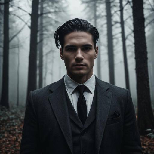 Man in Charcoal Suit in Foggy Forest