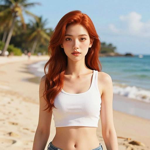 Photorealistic digital image of a beautiful young Asian woman with long red hair, wearing a white crop top, standing on a sunny, tropical beach with