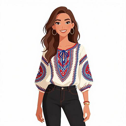 Smiling Bohemian Woman in Folk Blouse