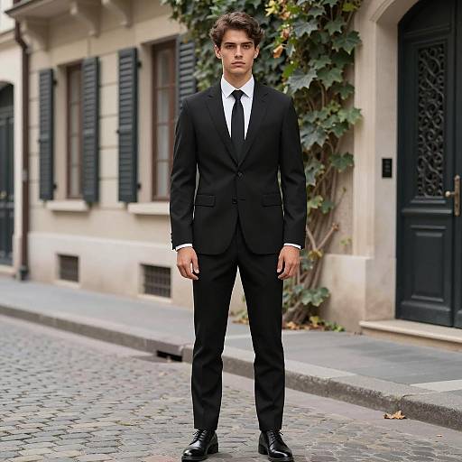 Young Man in Black Formal Suit on City Street