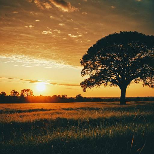 Sunset Over Field with Lone Tree