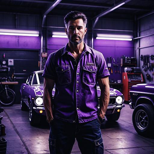 Mechanic in Vintage Garage with Purple Lighting